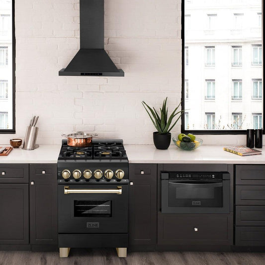 ZLINE Autograph Edition 24 in. 2.8 cu. ft. Legacy Dual Fuel Range with 4 Burner Gas Cooktop and Electric Convection Oven in Black Stainless Steel and Polished Gold Accents (RABZ-24-G) in a luxury kitchen with matching appliances.