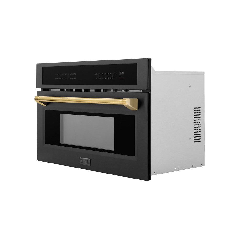 ZLINE Autograph Edition 30 in. 1.6 cu ft. Built-in Convection Microwave Oven in Black Stainless Steel with Polished Gold Accents (MWOZ-30-BS-G) side, closed.