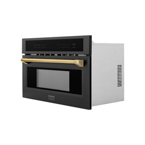 ZLINE Autograph Edition 30 in. 1.6 cu ft. Built-in Convection Microwave Oven in Black Stainless Steel with Polished Gold Accents (MWOZ-30-BS-G) side, closed.