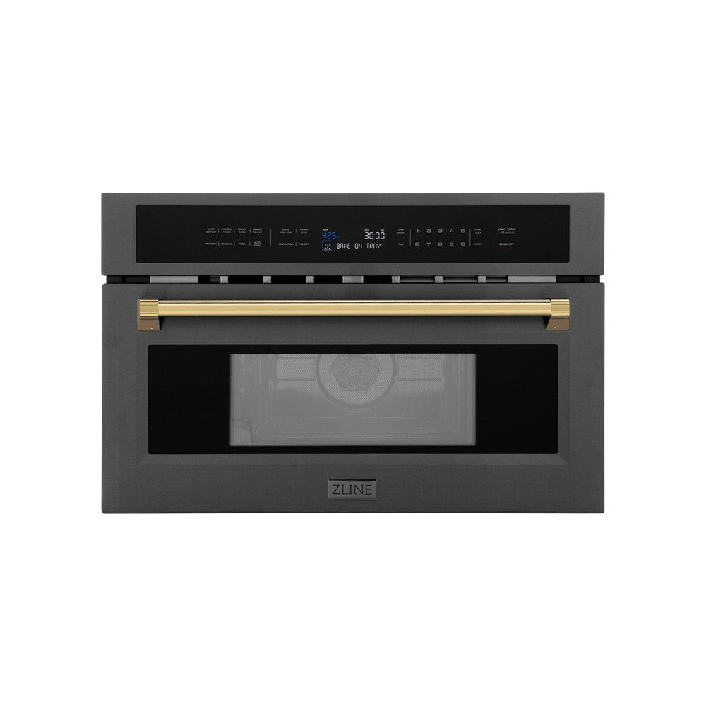 ZLINE Autograph Edition 30 in. 1.6 cu ft. Built-in Convection Microwave Oven in Black Stainless Steel with Polished Gold Accents (MWOZ-30-BS-G) front, closed.