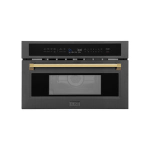 ZLINE Autograph Edition 30 in. 1.6 cu ft. Built-in Convection Microwave Oven in Black Stainless Steel with Polished Gold Accents (MWOZ-30-BS-G) front, closed.