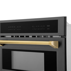 ZLINE Autograph Edition 30 in. 1.6 cu ft. Built-in Convection Microwave Oven in Black Stainless Steel with Polished Gold Accents (MWOZ-30-BS-G) close-up, handle and display.