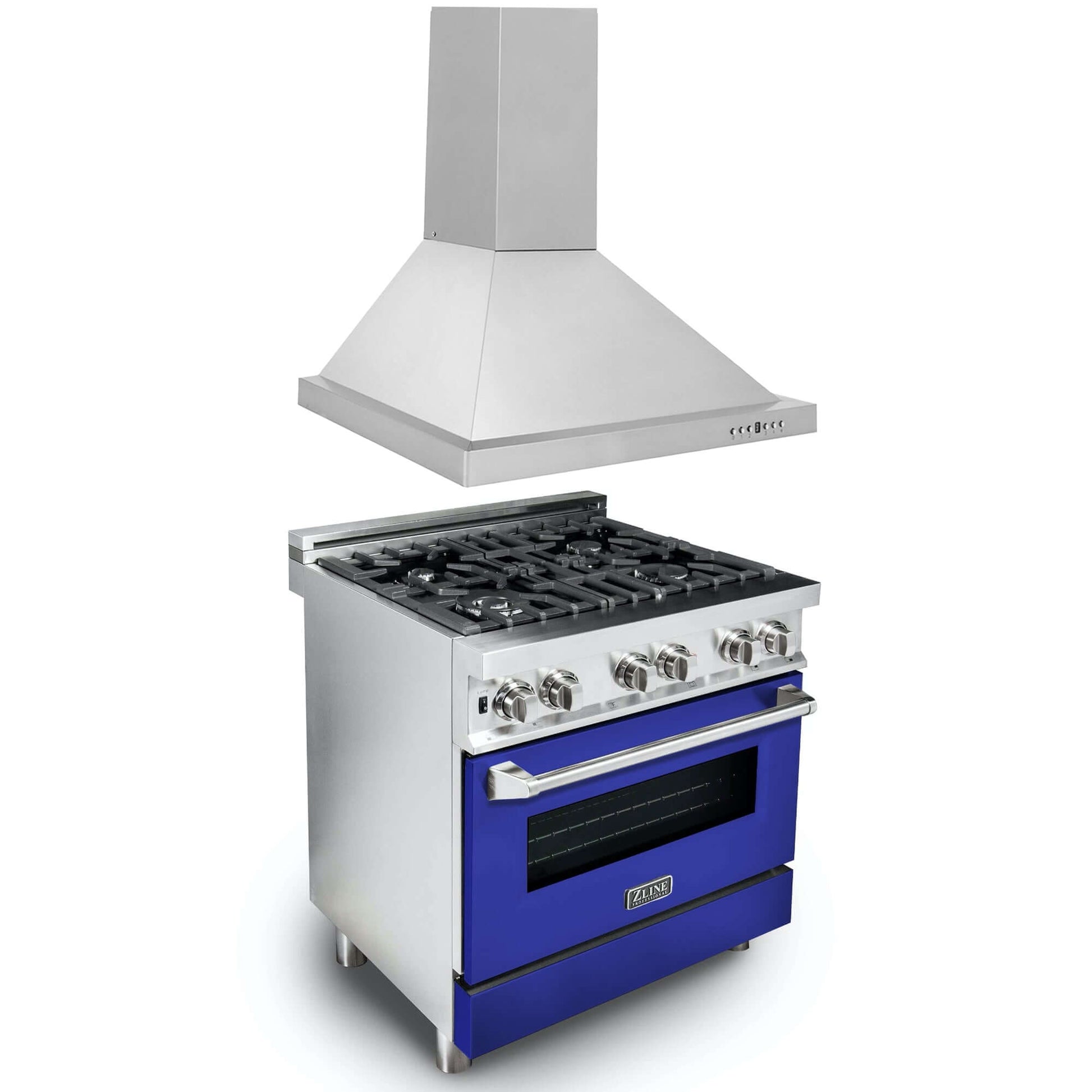 ZLINE 30 in. Kitchen Package with Stainless Steel Dual Fuel Range with Blue Matte Door and Convertible Vent Range Hood (2KP-RABMRH30) 