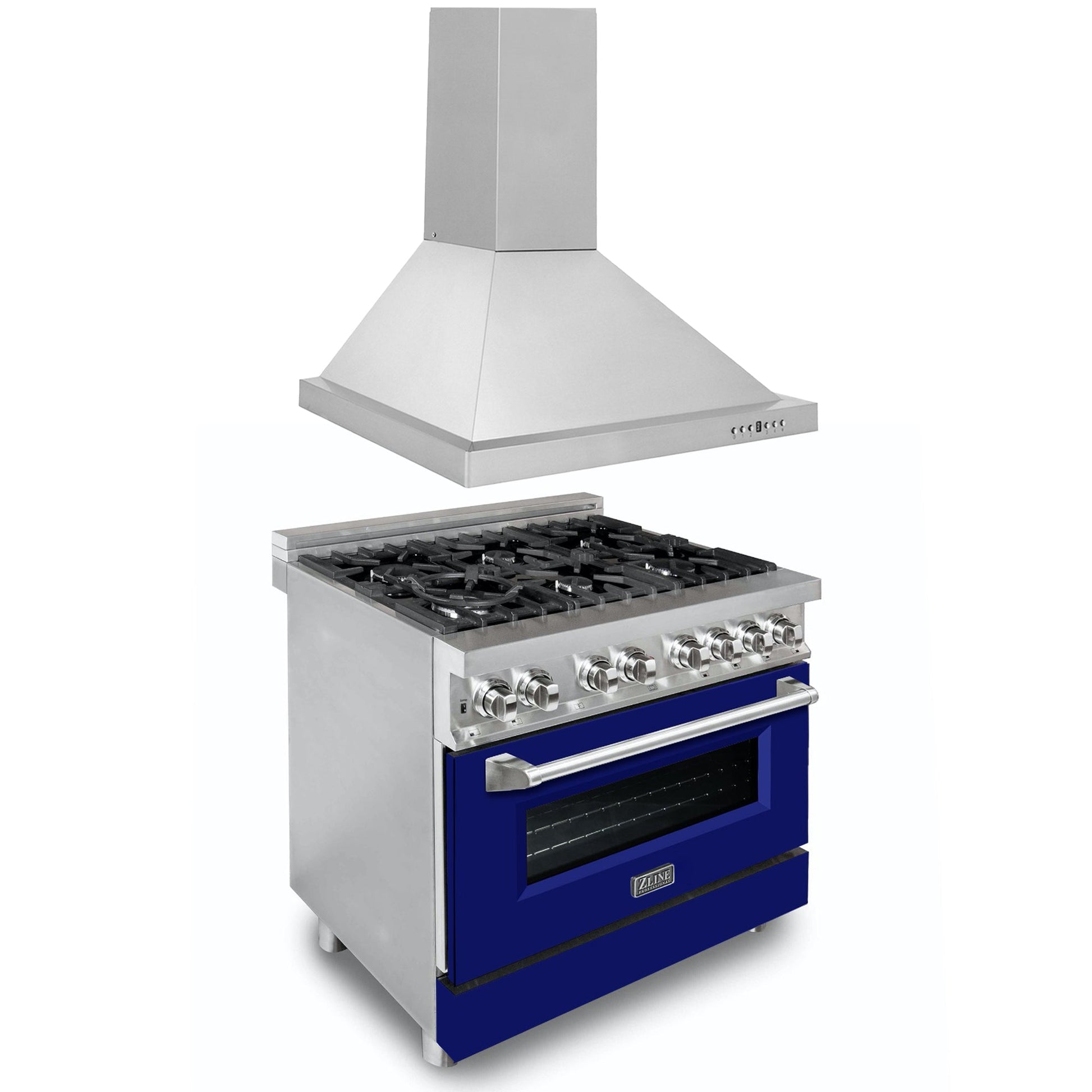 ZLINE 36 in. Kitchen Package with Stainless Steel Dual Fuel Range with Blue Matte Door and Convertible Vent Range Hood (2KP-RABMRH36) 