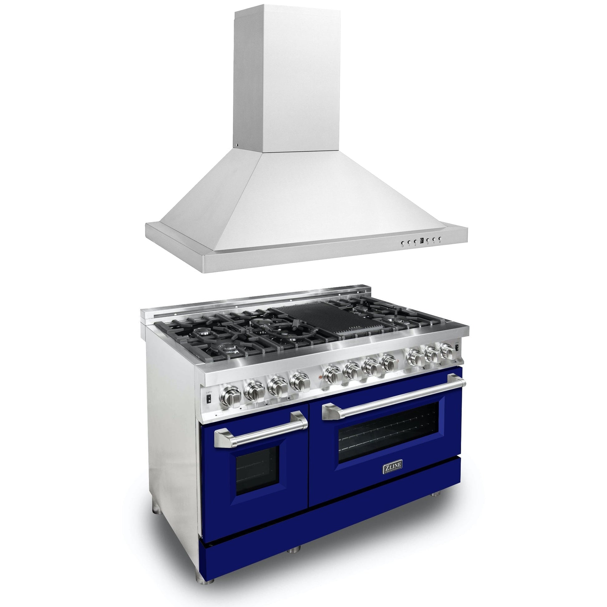 ZLINE 48 in. Kitchen Package with Stainless Steel Dual Fuel Range with Blue Matte Door and Convertible Vent Range Hood (2KP-RABMRH48) 