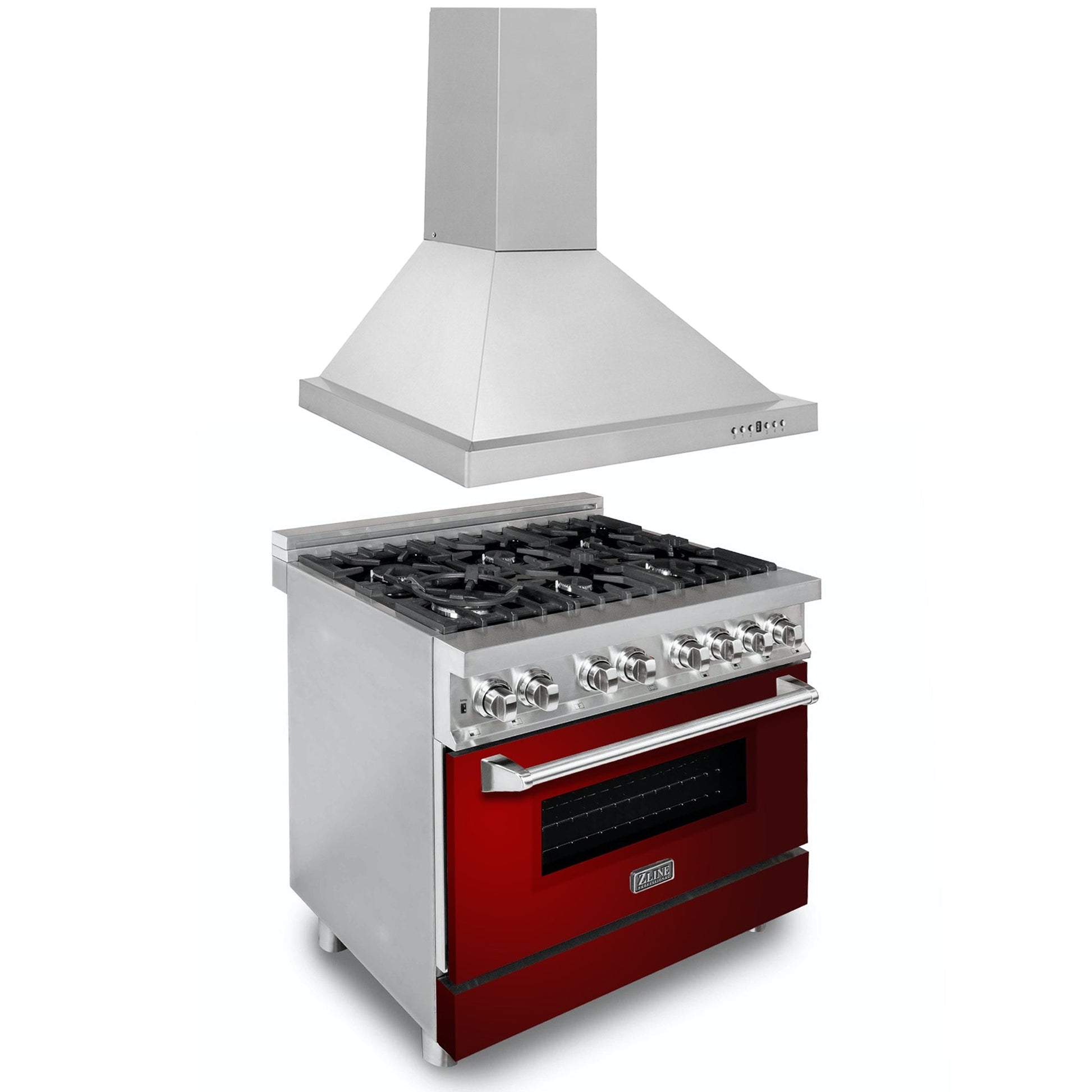 ZLINE 36 in. Kitchen Package with Stainless Steel Dual Fuel Range with Red Gloss Door and Convertible Vent Range Hood (2KP-RARGRH36) 