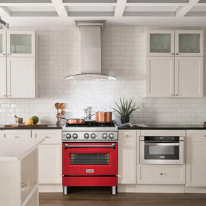 ZLINE 30 in. 4.0 cu. ft. Legacy Dual Fuel Range with 4 Burner Gas Cooktop and Electric Convection Oven in Stainless Steel and Red Matte Door (RA-RM-30) in a luxury kitchen.