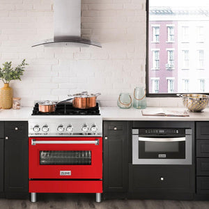 ZLINE 30 in. 4.0 cu. ft. Legacy Dual Fuel Range with 4 Burner Gas Cooktop and Electric Convection Oven in Stainless Steel and Red Matte Door (RA-RM-30) in a luxury kitchen.