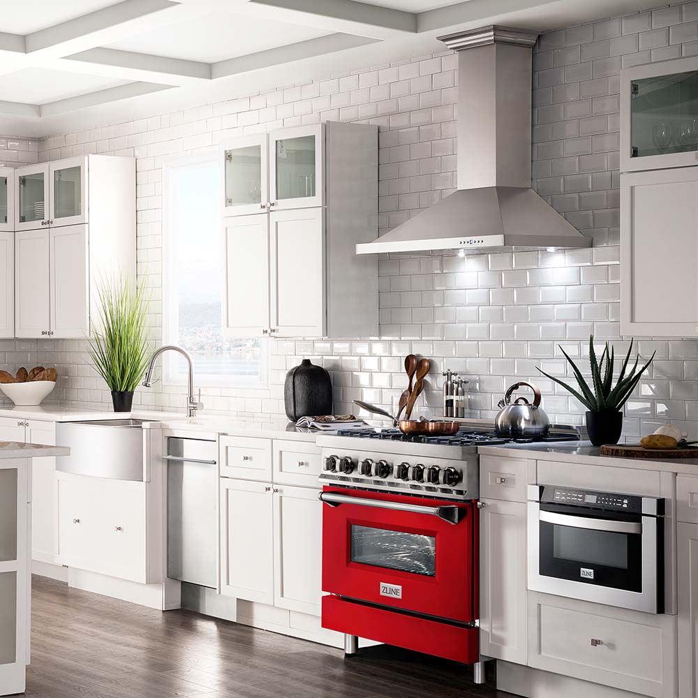 ZLINE dual fuel range with red matte oven door in farmhouse kitchen.