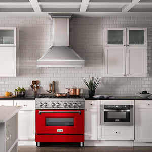 Dual Fuel Range with Red Matte Oven Door in a Famhouse-Style Kitchen.