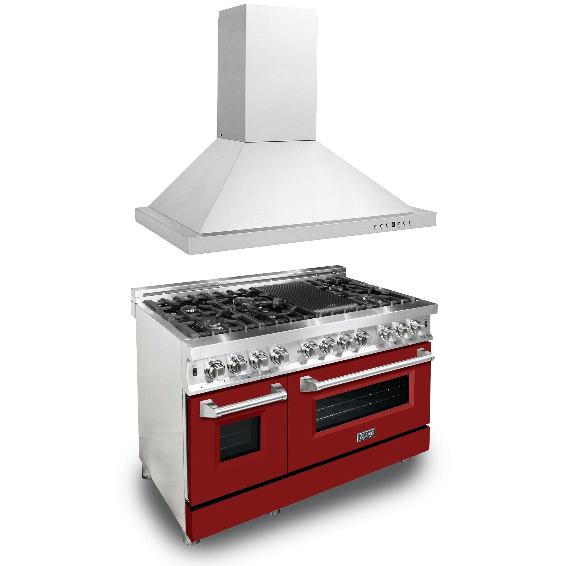 ZLINE 48 in. Kitchen Package with Stainless Steel Dual Fuel Range with Red Gloss Door and Convertible Vent Range Hood (2KP-RARGRH48) 