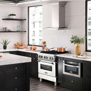 ZLINE 30 in. 4.0 cu. ft. Legacy Dual Fuel Range with 4 Burner Gas Cooktop and Electric Convection Oven in Stainless Steel and White Matte Door (RA-WM-30) in a luxury kitchen.