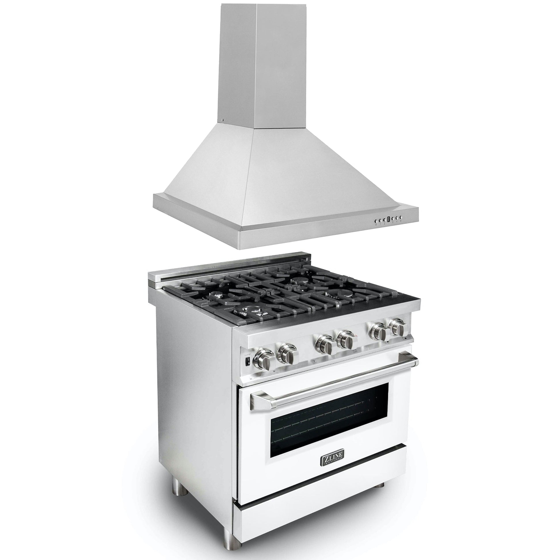 ZLINE 30 in. Kitchen Package with Stainless Steel Dual Fuel Range with White Matte Door and Convertible Vent Range Hood (2KP-RAWMRH30) 