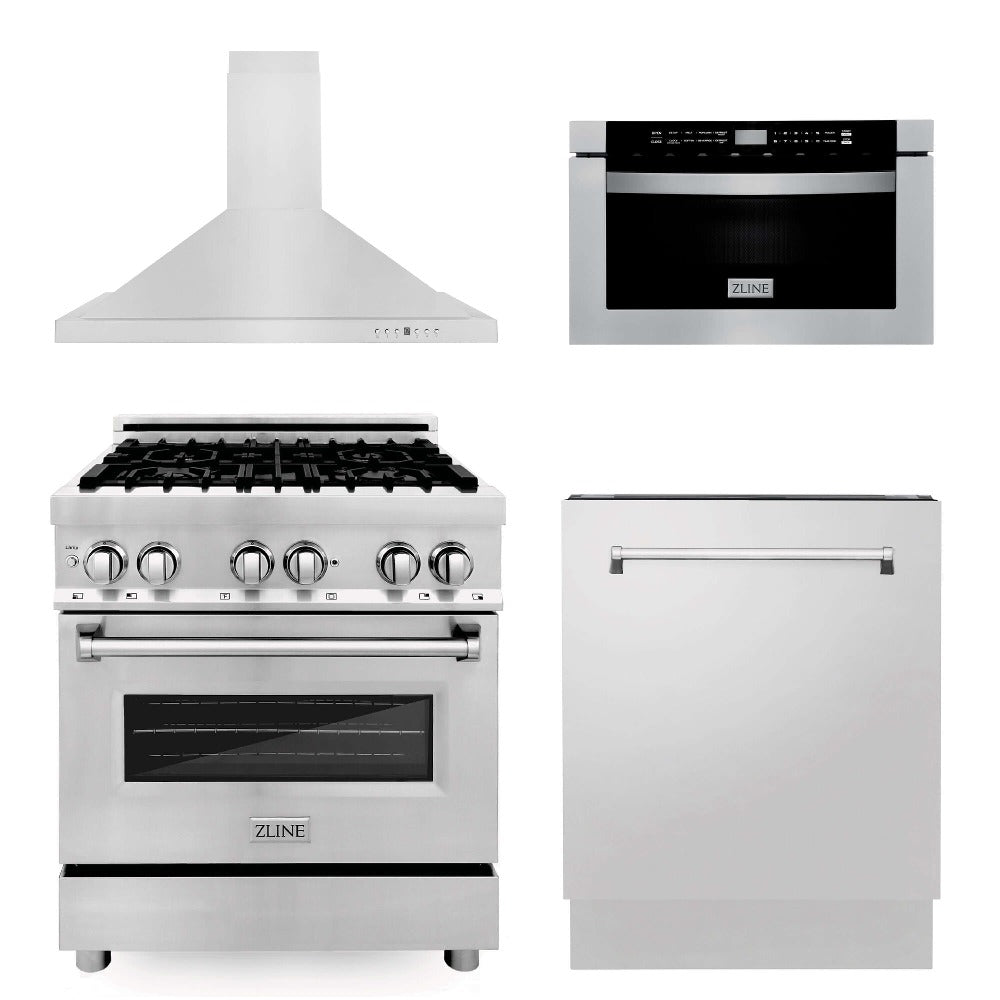 ZLINE 30 in. Kitchen Package with Stainless Steel Dual Fuel Range, Range Hood, Microwave Drawer and Tall Tub Dishwasher (4KP-RARH30-MWDWV) front.