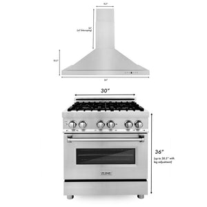 ZLINE 30 in. Kitchen Package with Stainless Steel Dual Fuel Range and Convertible Vent Range Hood (2KP-RARH30) dimensions.