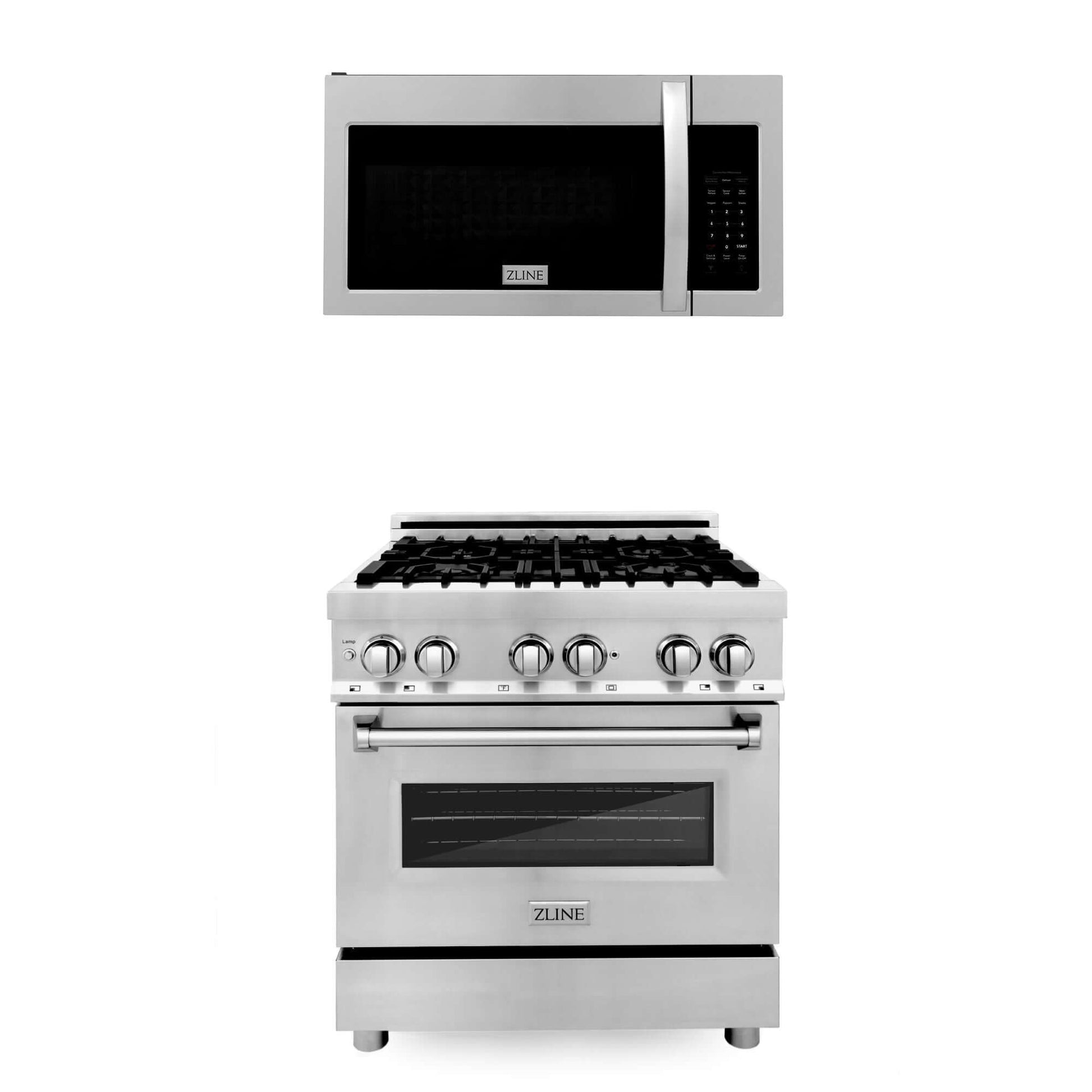 ZLINE 30 in. Kitchen Package with Stainless Steel Dual Fuel Range and Over The Range Microwave with Modern Handle (2KP-RAOTR30) 