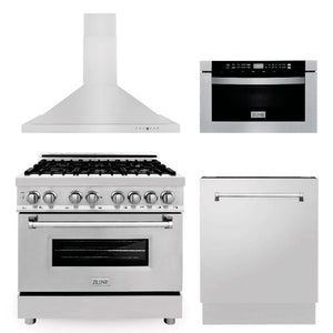 ZLINE 36 in. 4 Piece Kitchen Package with Stainless Steel Dual Fuel Range, Range Hood, Microwave Drawer and Classic Dishwasher (4KP-RARH36-MWDW) front.