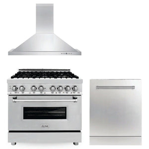 ZLINE 36 in. Kitchen Package with Stainless Steel Dual Fuel Range, Convertible Vent Range Hood and Dishwasher (3KP-RARH36-DW) front.