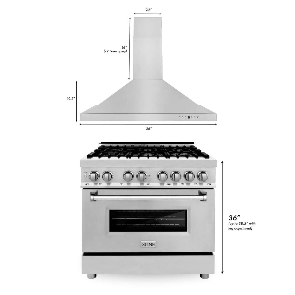 ZLINE 36 in. Kitchen Package with Stainless Steel Dual Fuel Range and Convertible Vent Range Hood (2KP-RARH36) dimensional measurements.