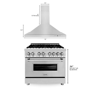 ZLINE 36 in. Kitchen Package with Stainless Steel Dual Fuel Range and Convertible Vent Range Hood (2KP-RARH36) dimensional measurements.