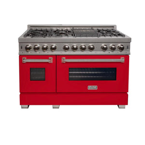 ZLINE 48 in. Kitchen Package with Satin Stainless Steel Dual Fuel Range with Red Matte Doors and Convertible Vent Range Hood (2KP-RASRMRH48)
