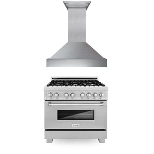 ZLINE 36 in. Kitchen Package with DuraSnow® Stainless Steel Dual Fuel Range and Convertible Vent Range Hood (2KP-RASSNRH36) 