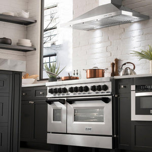 ZLINE Autograph Edition 48 in. 6.0 cu. ft. Legacy Dual Fuel Range with 7 Burner Gas Cooktop and 2 Electric Ovens in Stainless Steel and Matte Black Accents (RAZ-48-MB) in a luxury kitchen.