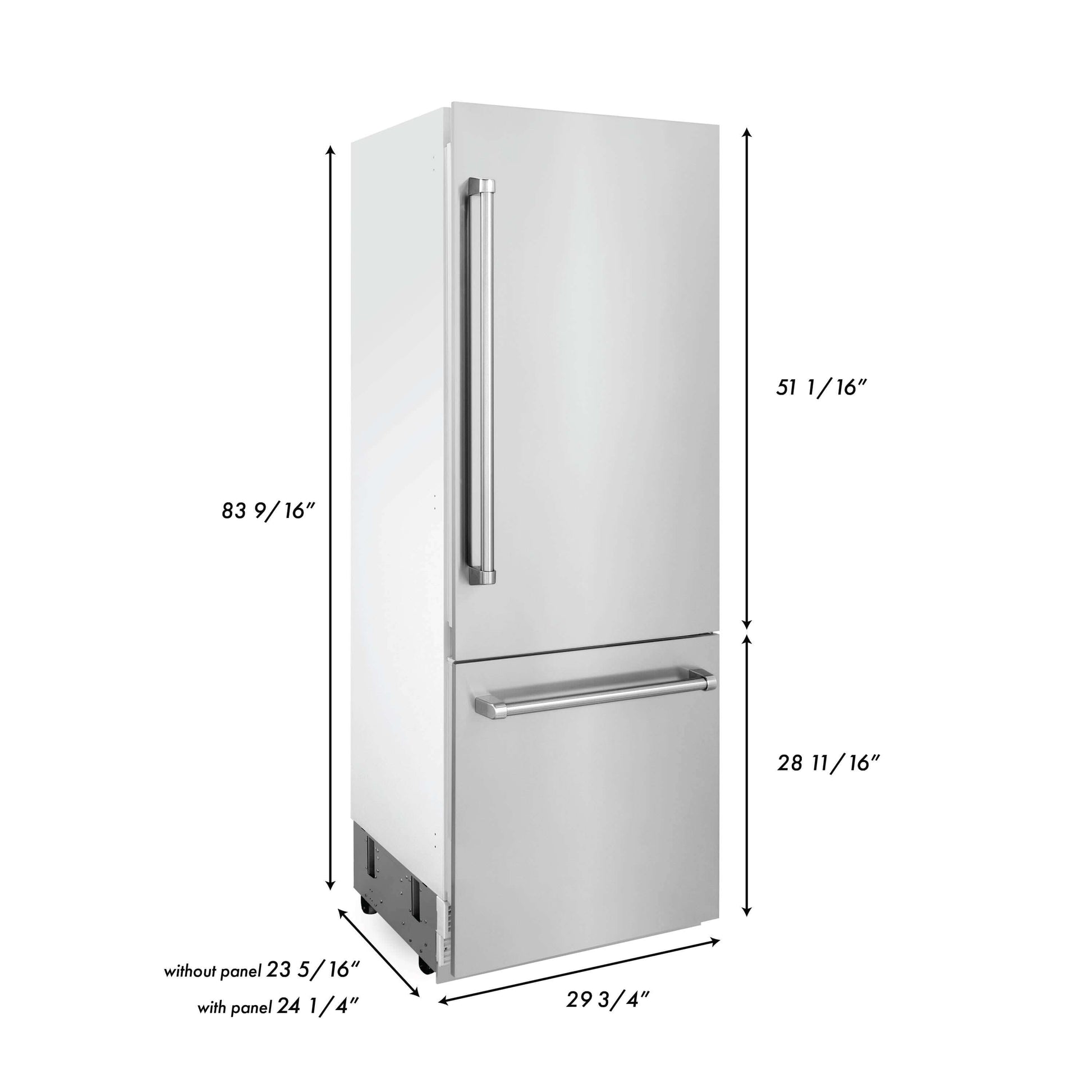 ZLINE 30 in. 16.1 cu. ft. Built-In 2-Door Bottom Freezer Refrigerator with Internal Water and Ice Dispenser in Stainless Steel (RBIV-304-30) dimensional diagram with measurements.