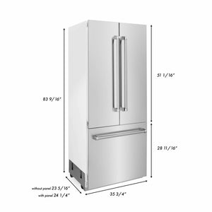ZLINE 36 in. 19.6 cu. ft. Built-In 3-Door French Door Refrigerator with Internal Water and Ice Dispenser in Stainless Steel (RBIV-304-36) dimensional diagram with measurements.
