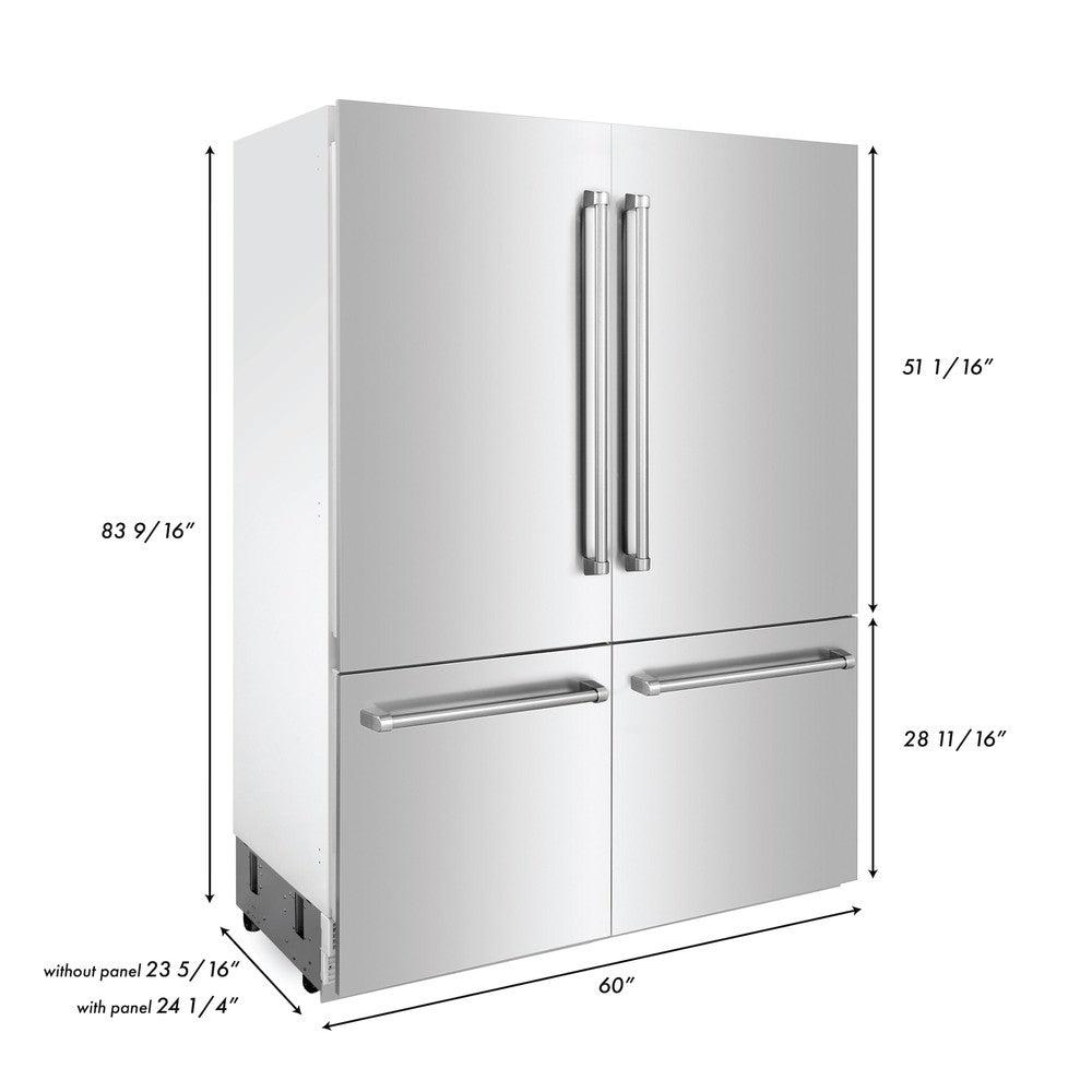 ZLINE 60 in. 32.2 cu. ft. Built-In 4-Door French Door Refrigerator with Internal Water and Ice Dispenser in Stainless Steel (RBIV-304-60) dimensional diagram with measurements.