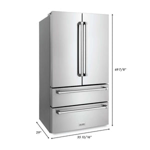 ZLINE 36 in. Freestanding French Door Refrigerator with Ice Maker in Fingerprint Resistant Stainless Steel (RFM-36) dimensional measurements.