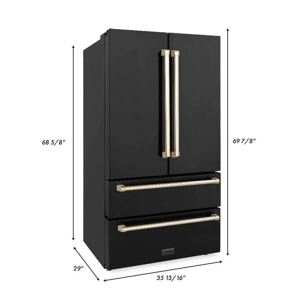 ZLINE Autograph Edition 36 in. 22.5 cu. ft Freestanding French Door Refrigerator with Ice Maker in Fingerprint Resistant Black Stainless Steel with Polished Gold Accents (RFMZ-36-BS-G) dimensional diagram with measurements.