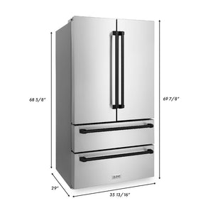 ZLINE Autograph Edition 36 in. 22.5 cu. ft Freestanding French Door Refrigerator with Ice Maker in Fingerprint Resistant Stainless Steel with Matte Black Accents (RFMZ-36-MB) dimensional diagram with measurements.