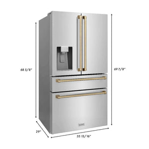 ZLINE Autograph Edition 36 in. 21.6 cu. ft Freestanding French Door Refrigerator with Water Dispenser in Stainless Steel with Champagne Bronze Accents (RFMZ-W-36-CB) dimensional measurements.