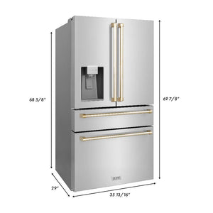 ZLINE Autograph Edition 36 in. 21.6 cu. ft Freestanding French Door Refrigerator with Water Dispenser in Stainless Steel with Polished Gold Accents (RFMZ-W-36-G) dimensional measurements.