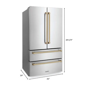 ZLINE Autograph Edition 36 in. 22.5 cu. ft Freestanding French Door Refrigerator with Ice Maker in Fingerprint Resistant Stainless Steel with Champagne Bronze Accents (RFMZ-36-CB) dimensions. 