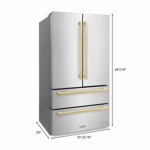 ZLINE Autograph Edition 36 in. 22.5 cu. ft 4-Door French Door Refrigerator with Ice Maker in Stainless Steel with Champagne Bronze Square Handles (RFMZ-36-FCB) dimensional diagram with measurements.