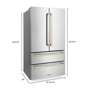 ZLINE Autograph Edition 36 in. 22.5 cu. ft Freestanding French Door Refrigerator with Ice Maker in Fingerprint Resistant Stainless Steel with Polished Gold Accents (RFMZ-36-G) dimensional measurements.