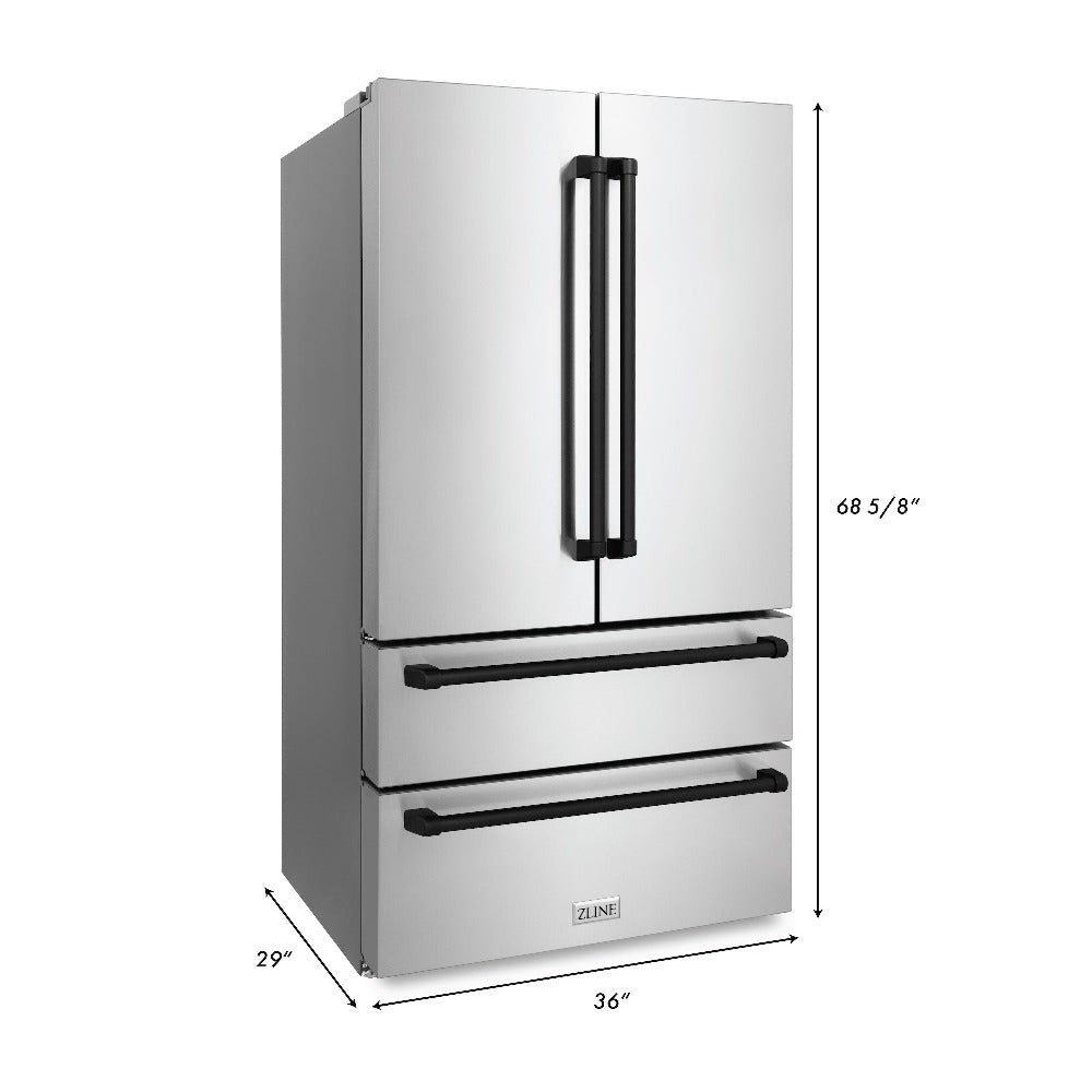 ZLINE Autograph Edition 36 in. 22.5 cu. ft Freestanding French Door Refrigerator with Ice Maker in Fingerprint Resistant Stainless Steel with Matte Black Accents (RFMZ-36-MB) dimensional diagram with measurements.