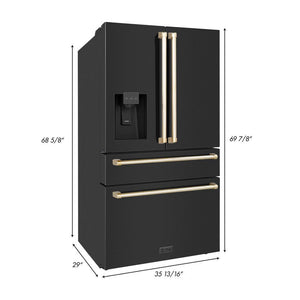 ZLINE Autograph Edition 36 in. 21.6 cu. ft. Counter-Depth French Door Refrigerator with Water and Ice Dispenser in Fingerprint-Resistant Black Stainless Steel with Polished Gold Traditional Handles (RFMZ-W-36-BS-G) dimensional diagram.