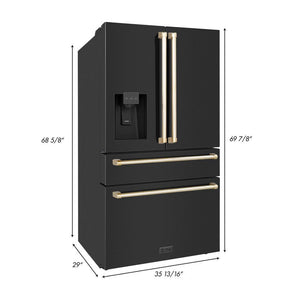 ZLINE Autograph Edition 36 in. 21.6 cu. ft Freestanding French Door Refrigerator with Water and Ice Dispenser in Fingerprint Resistant Black Stainless Steel with Polished Gold Accents (RFMZ-W-36-BS-G) dimensional diagram with measurements.