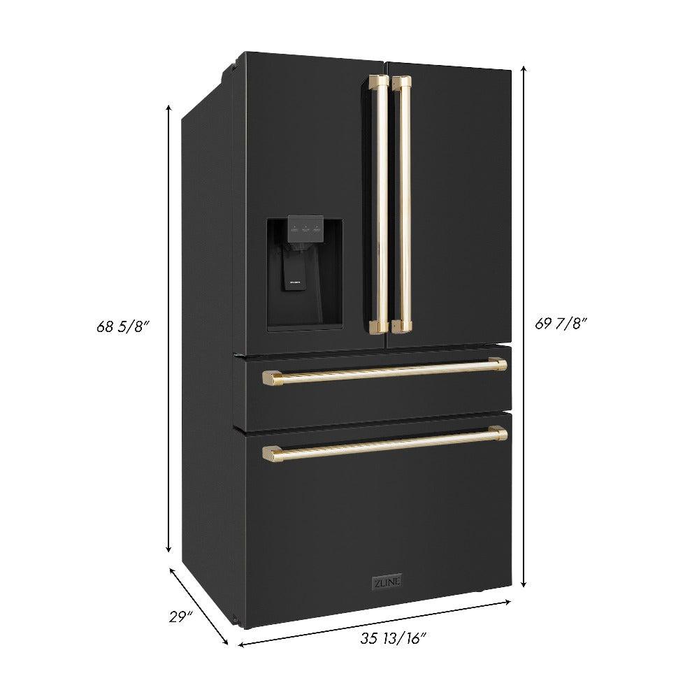 ZLINE Autograph Edition 36 in. 22.5 cu. ft Freestanding French Door Refrigerator with Ice Maker in Fingerprint Resistant Black Stainless Steel with Polished Gold Accents (RFMZ-36-BS-G) dimensional measurements.