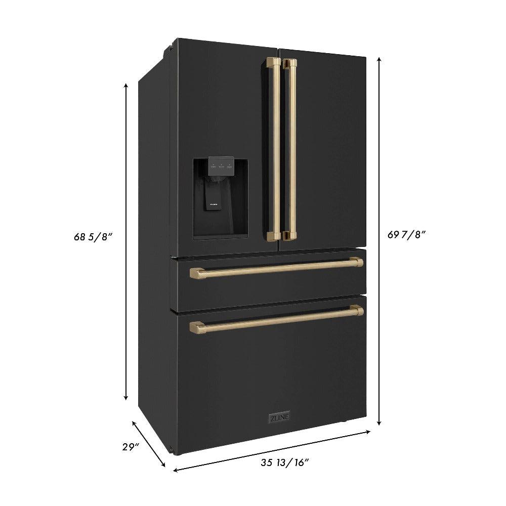 ZLINE Autograph Edition 36 in. 21.6 cu. ft Freestanding French Door Refrigerator with Water and Ice Dispenser in Fingerprint Resistant Black Stainless Steel with Champagne Bronze Accents (RFMZ-W-36-BS-CB) dimensional measurements.