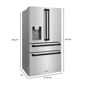 ZLINE Autograph Edition 36 in. 21.6 cu. ft Freestanding French Door Refrigerator with Water Dispenser in Stainless Steel with Matte Black Accents (RFMZ-W-36-MB) dimensional measurements.