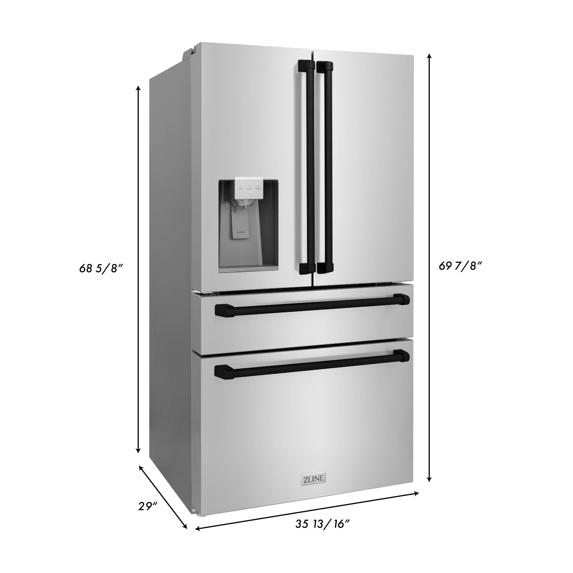 ZLINE Autograph Edition 36 in. 21.6 cu. ft Freestanding French Door Refrigerator with Water Dispenser in Stainless Steel with Matte Black Accents (RFMZ-W-36-MB) dimensional diagram with measurements.