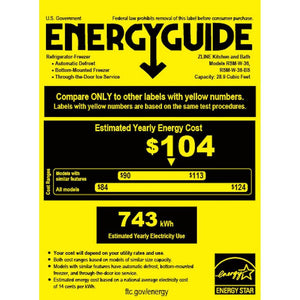 ZLINE 36 in. 28.9 cu. ft. Standard-Depth French Door External Water Dispenser Refrigerator with Dual Ice Maker in Fingerprint Resistant Stainless Steel (RSM-W-36) Energy Guide with estimated yearly energy usage.
