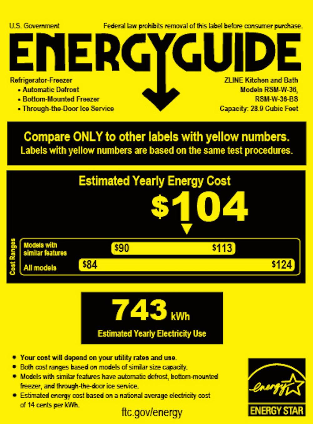 ZLINE 36 in. 28.9 cu. ft. Standard-Depth French Door External Water Dispenser Refrigerator with Dual Ice Maker in Black Stainless Steel (RSM-W-36-BS) Energy Guide with estimated yearly energy usage.