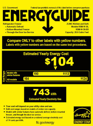 ZLINE Autograph Edition 36 in. 28.9 cu. ft. Standard-Depth French Door External Water Dispenser Refrigerator with Dual Ice Maker in Black Stainless Steel and Polished Gold Square Handles (RSMZ-W-36-BS-FG) Energy Guide with estimated yearly energy usage.