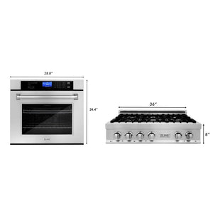ZLINE Kitchen Package with 36 in. Stainless Steel Rangetop and 30 in. Single Wall Oven (2KP-RTAWS36) dimensional measurements.