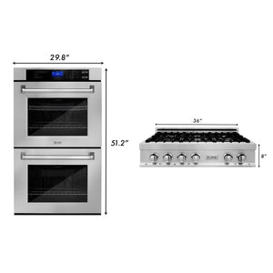 ZLINE Kitchen Package with 36 in. Stainless Steel Rangetop and 30 in. Double Wall Oven (2KP-RTAWD36) dimensions.